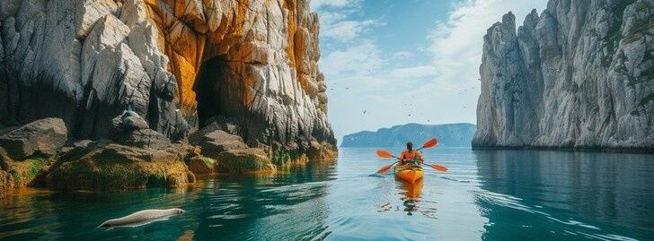 Sea kayaker paddling between cliffs on calm coastal water