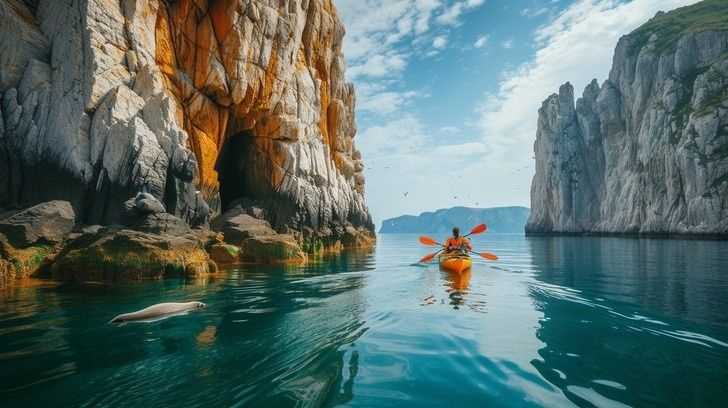 Sea kayaker paddling between cliffs on calm coastal water